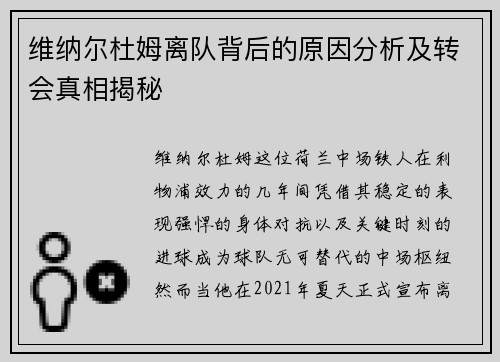 维纳尔杜姆离队背后的原因分析及转会真相揭秘